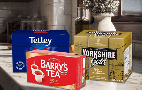 Sunny kitchen counter with 3 boxes of tea: Tetley, Yorkshire Gold and Barry's Tea
