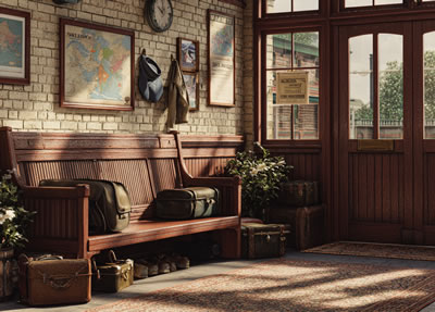 A vintage waiting room in an English railway station. Sun streaming through the windows. Wooden bench against the wall with luggage on and by the seat. A map of the world on the wall