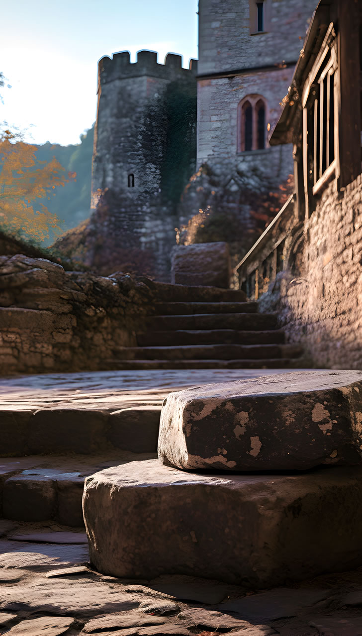 Stone steps leading up to a tower in a sunset lit ancient monastery