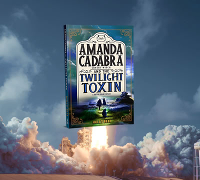 Amanda Cadabra and The Twilight Toxin by Holly Bell with rockets coming out of the lower edge taking off in a cloud of dawnlight clouds from launchpad