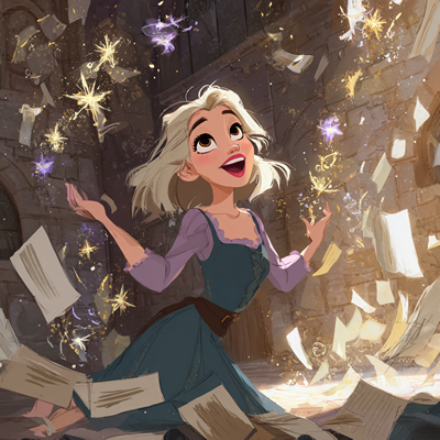 Disney style image of blonde girl with stars around her as a spell is broken