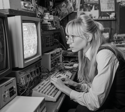 Black and white of nerdy blonde woman in glasses at keyboard staring at vintage computer screen