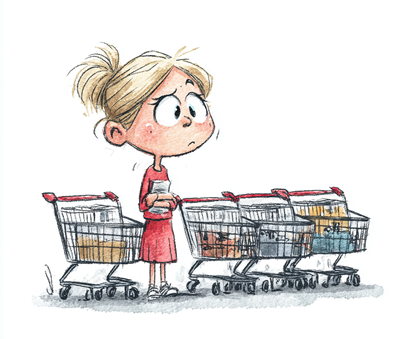 Cartoon of blonde woman looking stressed with shopping trolley either side of her