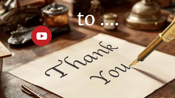 Golden quill nib writing on parchment: Thank You. Text: 'to ...' Click to go to Thank You video