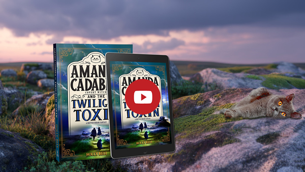 Click to go to trailer. Paperback Book and ebook in ereader leaning on a rock on Bodmin Moor with twilight clouds in the background. A British Blue cat with bright amber eyes is lying nearby on the right. Cover has Amanda Cadabra and The Twilight Toxin in black font on a tall cream panel. Below and around it is the silhouette of a woman and a man a cat climbing a lime green lit path with teal bushes and blue and teal clouds above, eerie light.