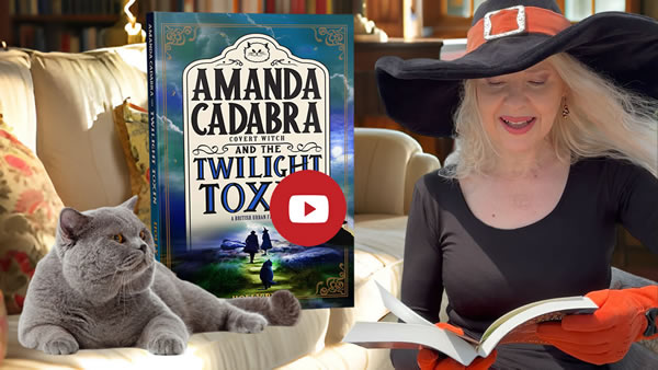 Link to Chapter 1 video. Image of Holly reading from The Twilight Toxin with Tempest (British Blue cat on sofa looking up at here. Behind him on the sofa is the book. Amanda Cadabra and The Twilight Toxin.