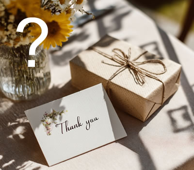 Thank you card and gift on a sunny table. In the top left a big question mark