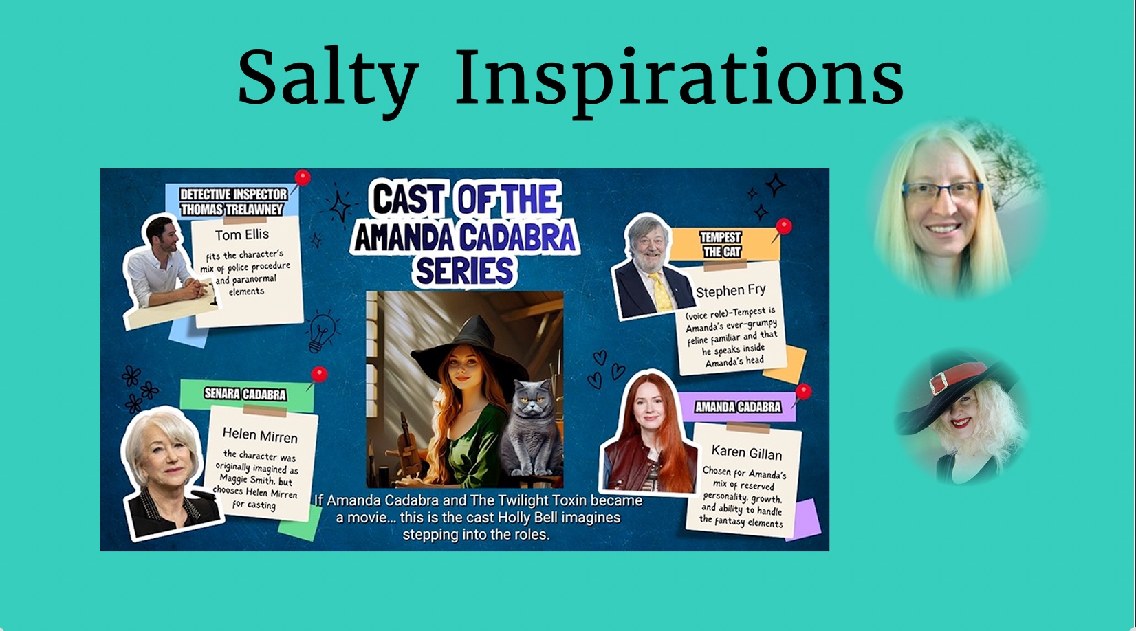 Text in black at top Salty Inspirations. Turquiose back ground. Main image different actors in various char roles for series