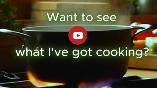 Click to go to video. Black pot cooking with green steam coming from it and text Want to see what I've got cooking?