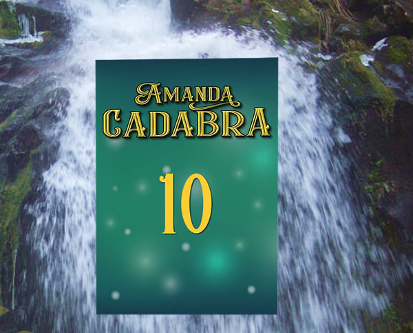 Mockup green cover with Amanda Cadabra 10 against waterfall