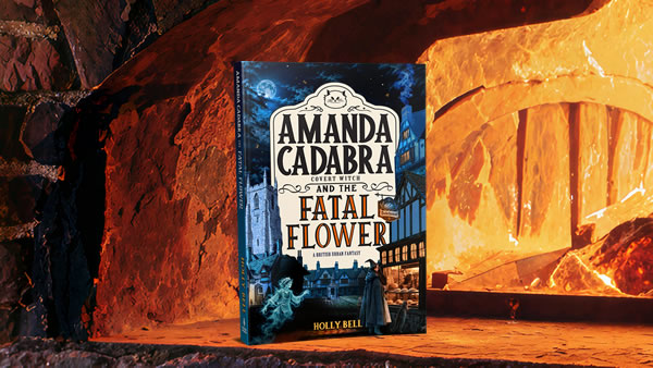 Book on a shelf on a traditional clay oven which is lit background. Cover has Amanda Cadabra and The Fatal Flower in black font on a tall cream panel. Below is a young woman at the glowing hatch of a bakery in a long cloak and witch’s hat with a cat up on its hind legs and paws on the bottom shelf looking at the food. They are in a Tudor village with a market square in the background. A tower rises up the left hand side of the panel and the bakery house up the right. The woman is looking over her shoulder at the friendly-looking ghost of a boy in a cap and apron reaching towards her. A moonlit sky with scudding clouds above and scattered sigils.