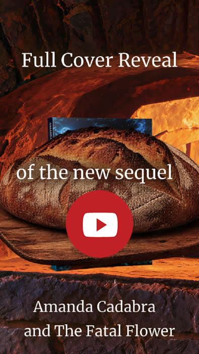 Click for Cover Reveal Video. Book on a traditional clay over shelf in the light of the oven fire. Book is obscured by slightly singed loaf.