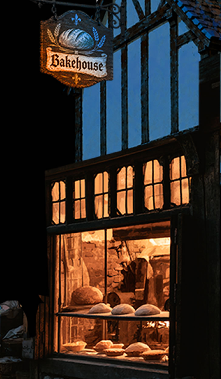 A bakehouse in a Tudor village, with a large open front with shelves of loaves of bread and tarts. The fire of the bakehouse oven glows from within. Above hangs a sign saying bakehouse and with a loaf of bread on it. It is night. The light from within glows through the hatch and the windows above of the half-timbered house.