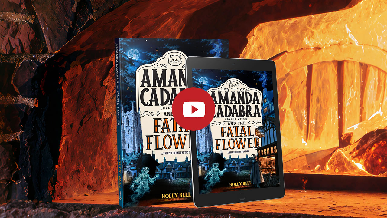 Book and ereader on a shelf on a traditional clay oven which is lit background. Cover has Amanda Cadabra and The Fatal Flower in black font on a tall cream panel. Below is a young woman at the glowing hatch of a bakery in a long cloak and witch’s hat with a cat up on its hind legs and paws on the bottom shelf looking at the food. They are in a Tudor village with a market square in the background. A tower rises up the left hand side of the panel and the bakery house up the right. The woman is looking over her shoulder at the friendly-looking ghost of a boy in a cap and apron reaching towards her. A moonlit sky with scudding clouds above and scattered sigils.