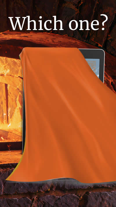 Ebook covered with an orange cloth on the shelf of a lit clay oven. Text: Which one?